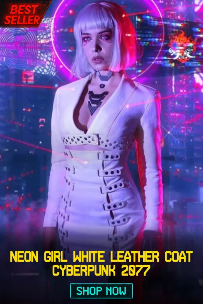 Cyberpunk 2077 Neon Girl White Leather Coat