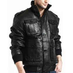 Men's 4 Pocket Black Leather Bomber Jacket