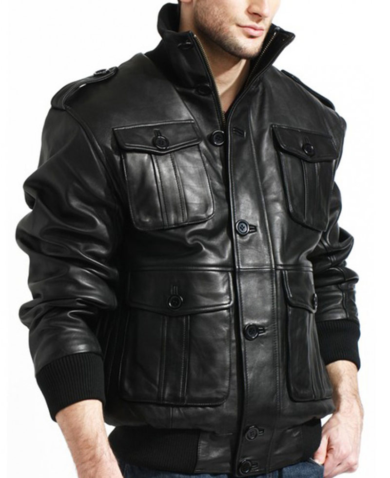 【OF ALL FORM】POCKET DETAIL LEATHERBOMBER Off The Label cargo-pockets leather bomber jacket black