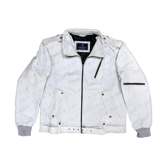 Men's FJM059 Belted White Leather Motorcycle Jacket