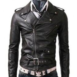 Men's Asymmetrical Zipper Biker Style Slim Fit Belted Black Leather Jacket