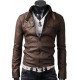 Men's Belted Buckle Collar Slim Fit Brown Leather Jacket