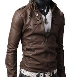Men's Belted Buckle Collar Slim Fit Brown Leather Jacket