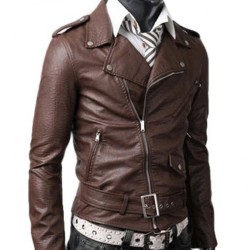 Men's Biker Asymmetrical Zipper Slim Fit Belted Brown Leather Jacket