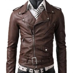 Men's Biker Asymmetrical Zipper Slim Fit Belted Brown Leather Jacket