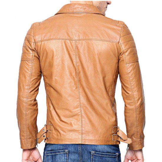Men's Biker Slim Fit Light Brown Leather Jacket