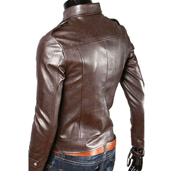 Men's Biker Style Asymmetrical Zipper Slim Fit Brown Jacket