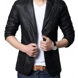 Men's Casual Wear Slim Fit Black Leather Blazer