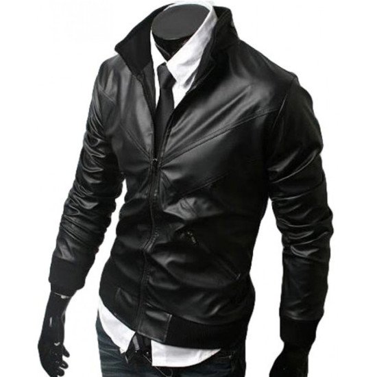 Men's Cross Front Style Slim Fit Leather Jacket