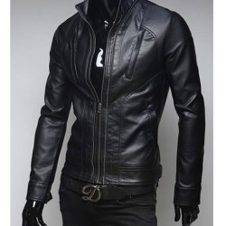 Men's Pockets Design Stand Collar Slim Fit Black Faux Leather Jacket