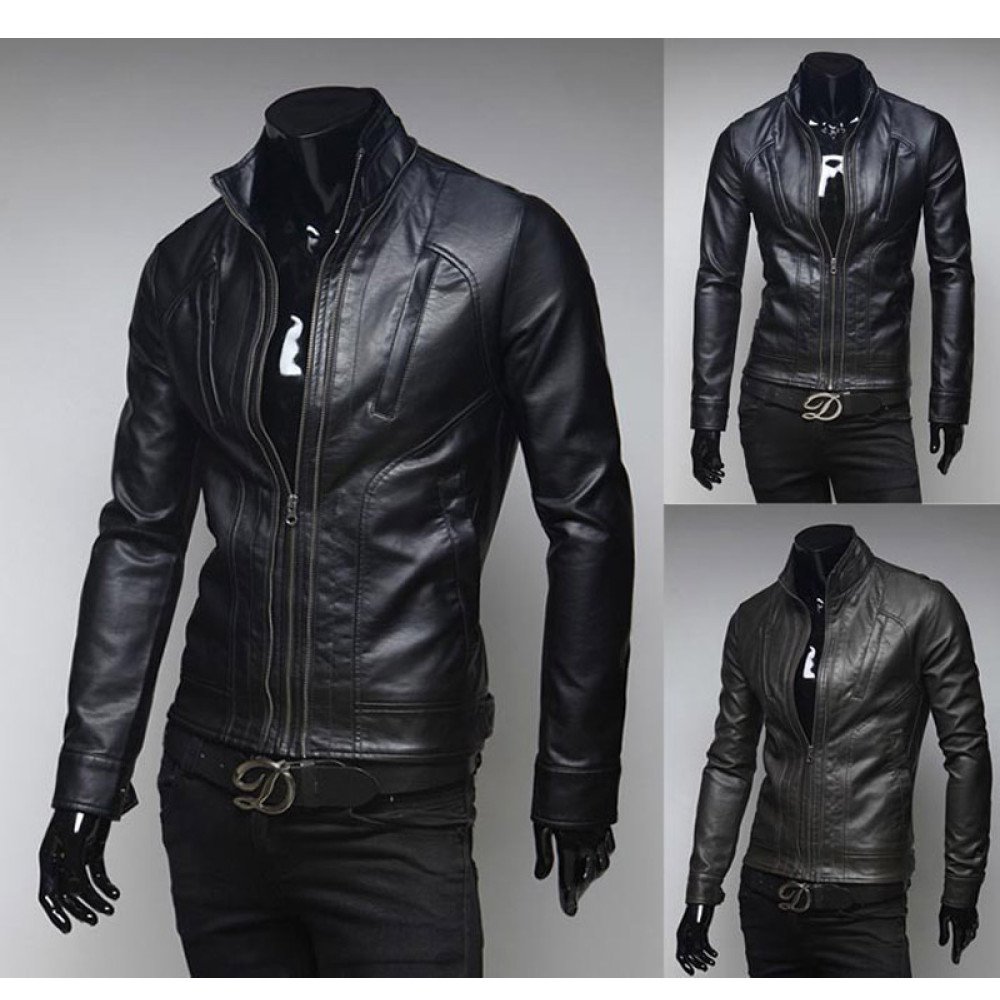 Men's Pockets Design Stand Collar Slim Fit Black Faux Leather Jacket ...
