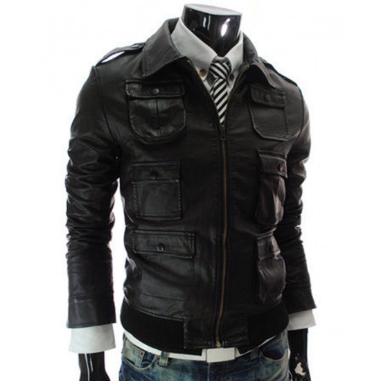 Men's Slim Fit Bomber Style Black Leather Jacket
