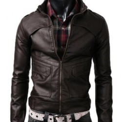 Men's Slim Fit Brown Stand Collar Leather Jacket