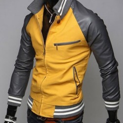 Men's Slim Fit Mustard Yellow Jacket with Grey Leather Sleeves