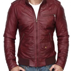 Men's Slim Fit Stand Collar Burgundy Leather Jacket