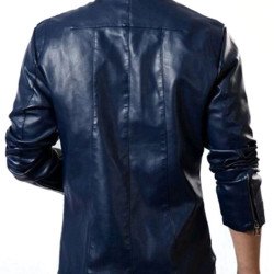 Men's Stand Collar Slim Fit Blue Faux Leather Jacket