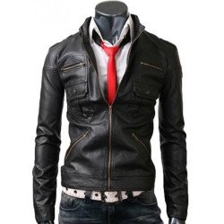 Men's Zipper Pocket Slim Fit Black Jacket