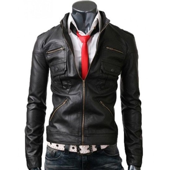 Men's Zipper Pocket Slim Fit Black Jacket