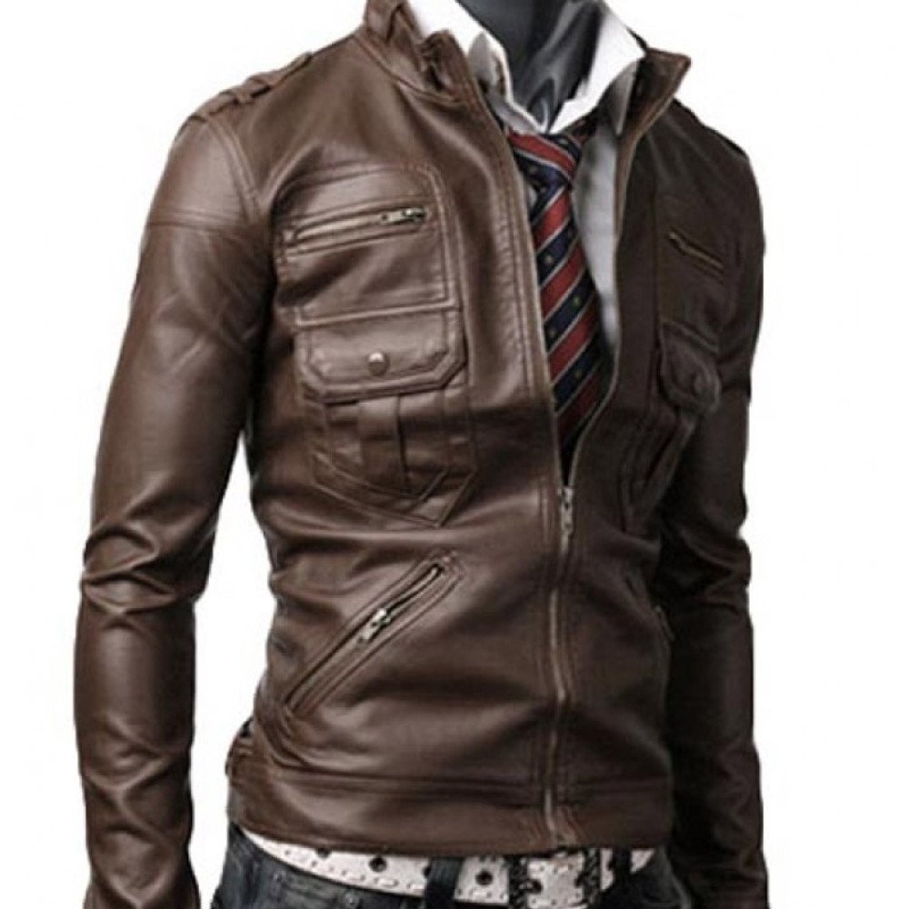 Slim Fit Men's Zipper Pocket Light Brown Leather Jacket - FilmsJackets