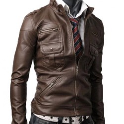 Slim Fit Men's Zipper Pocket Light Brown Leather Jacket