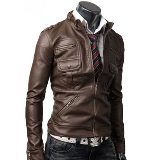 Slim Fit Men's Zipper Pocket Leather Jacket