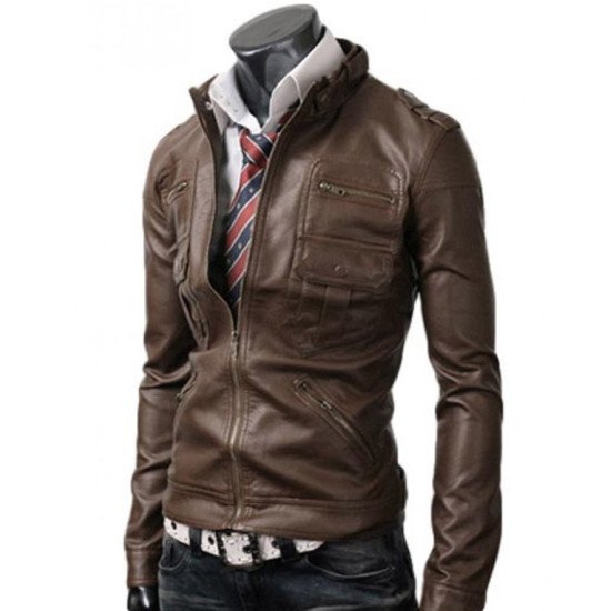 Slim Fit Men's Zipper Pocket Leather Jacket