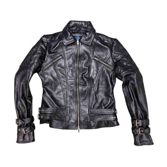 Women's Buckle Straps Design Black Leather Moto Jacket