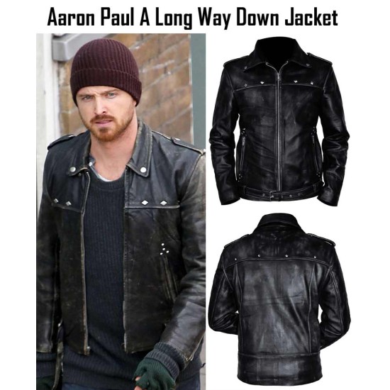 Aaron Paul A Long Way Down Black Distressed Leather Jacket