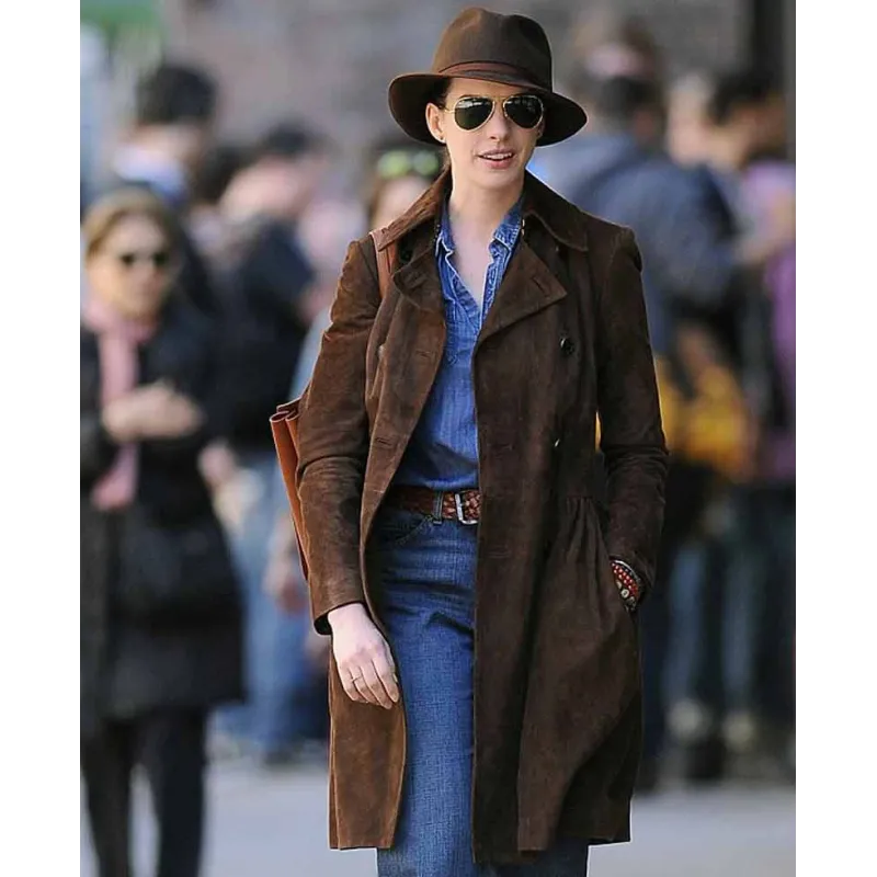 Anne Hathaway Brown Suede Leather Coat
