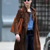 Anne Hathaway Brown Suede Leather Coat