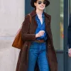Anne Hathaway Brown Suede Leather Coat