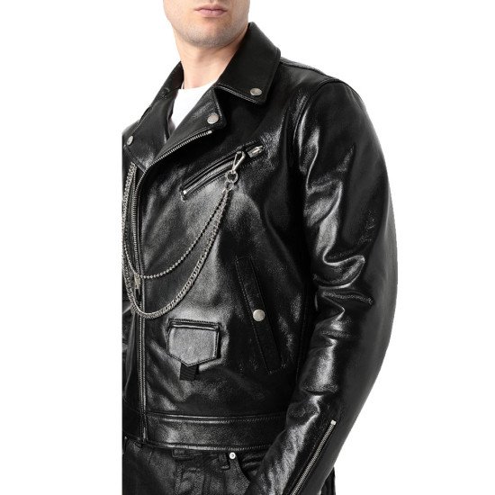 Men's Asymmetrical Zipper Motorcycle Chains Leather Jacket