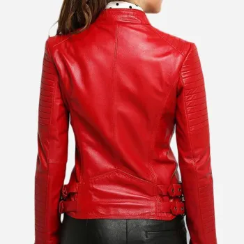 Women's Padded Sleeves Asymmetrical Red Leather Biker Jacket