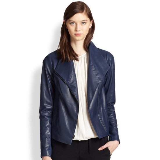 Women's Asymmetrical Blue Leather Scuba Jacket