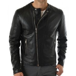 Men's Collarless Asymmetrical Black Leather Jacket