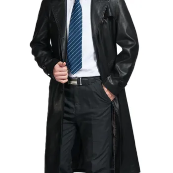 Men's Black Trench Coat with Fur Collar