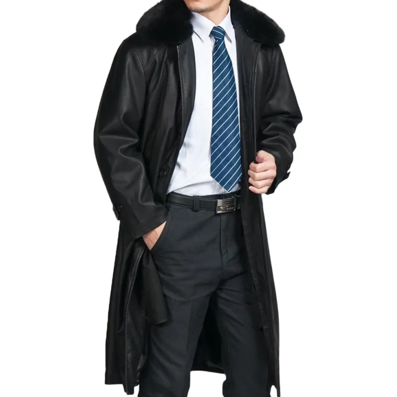 Men's Black Trench Coat with Fur Collar Men's Black Trench Coat with Fur Collar