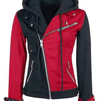 Women's Black and Red Harley Quinn Biker Hooded Jacket