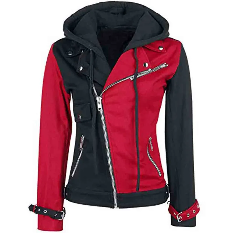 Women's Black and Red Harley Quinn Biker Hooded Jacket
