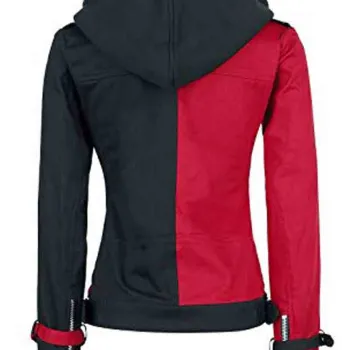 Women's Black and Red Harley Quinn Biker Hooded Jacket