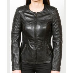 Women's Black Collarless Leather Jacket