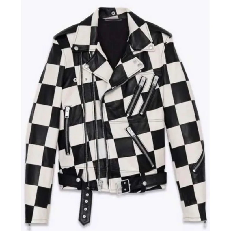 Diamond White Bold and the Beautiful Checkered Black and White Leather Jacket Diamond White Bold and the Beautiful Checkered Black and White Leather Jacket