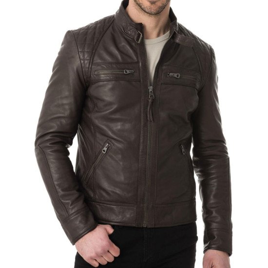 Men's Casual Wear Buckle Collar Brown Leather Jacket