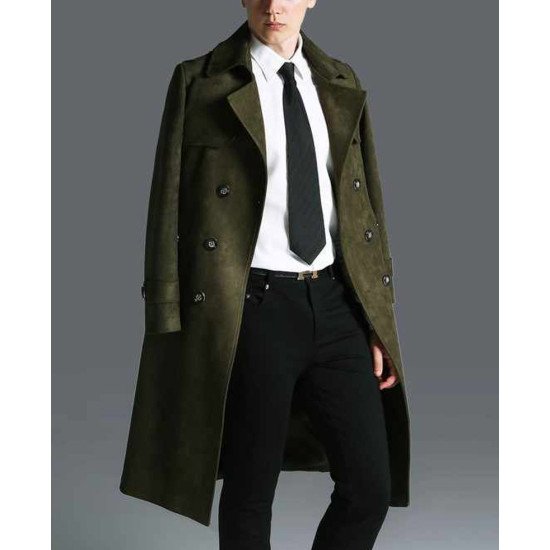 Men's Military Green Double Breasted Suede Leather Coat