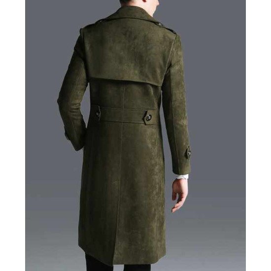 Men's Military Green Double Breasted Suede Leather Coat