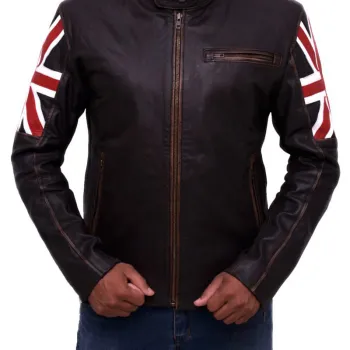 Men's British Flag Cafe Racer Brown Leather Jacket