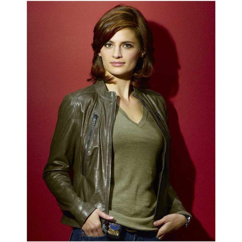 Stana Katic Castle Green Leather Jacket Stana Katic Castle Green Leather Jacket