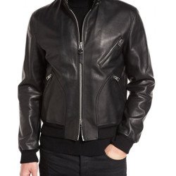 Men's Casual Snap Tab Collar Black Bomber Jacket