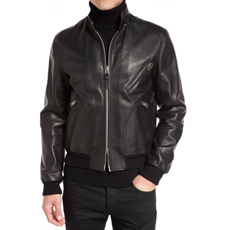 Men's Casual Snap Tab Collar Black Bomber Jacket Men's Casual Snap Tab Collar Black Bomber Jacket