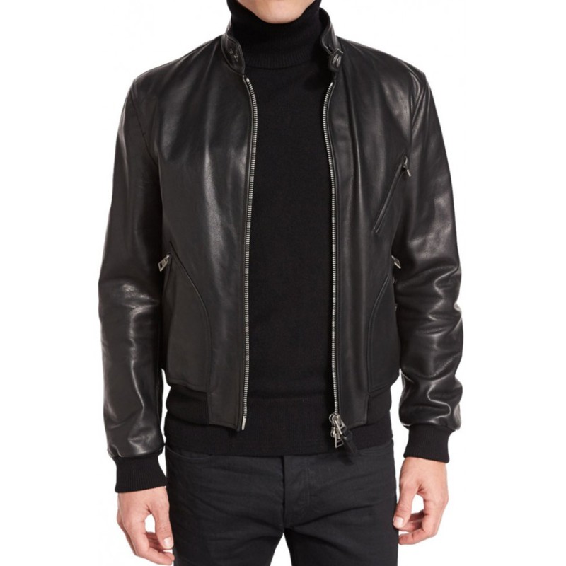 Men's Casual Snap Tab Collar Black Bomber Jacket Men's Casual Snap Tab Collar Black Bomber Jacket